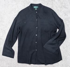 Lauren Ralph Lauren Black 100% Silk Button Down Collarless Shirt Womens Size L